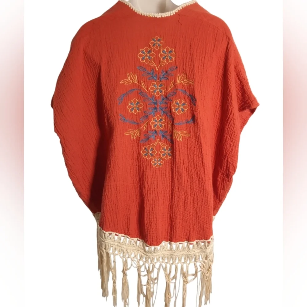 Umgee Rust Fringe Hem Boho Embroidered Floral Open Kimono Cardigan Sz S/M